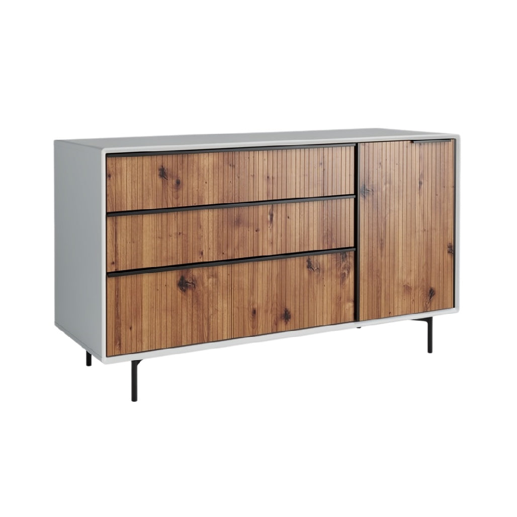 "Moderne houten dressoir met strakke lijnen en zwarte accenten"